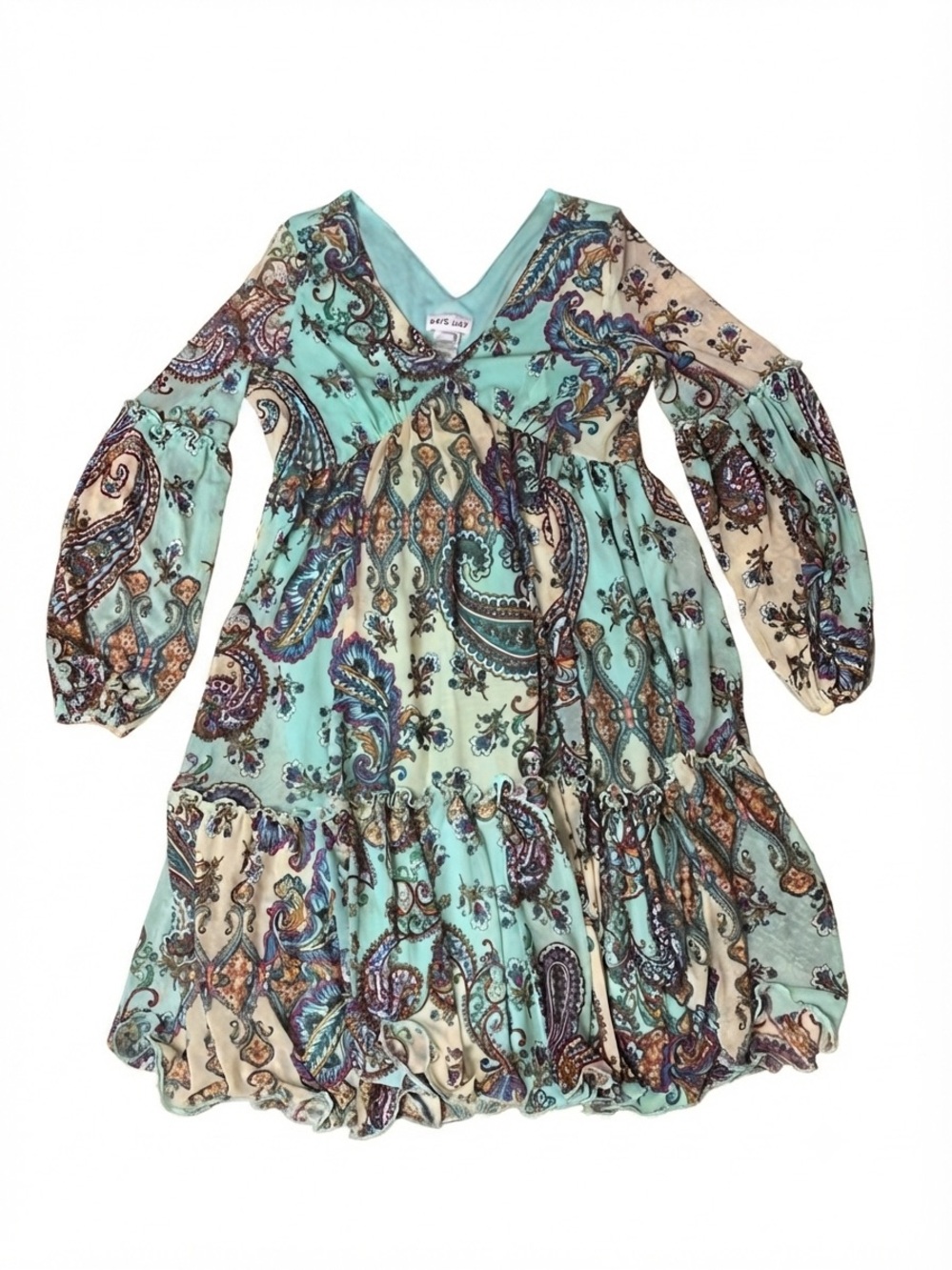 Kate-Lily Turquoise Paisley Long Sleeve Tiered Mini Dress Size 4